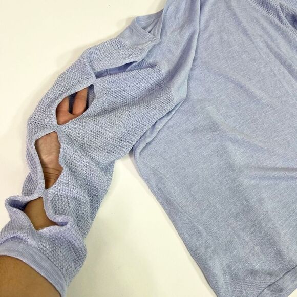 J Jill Sweater Top Womens Medium Blue Cutout Split 3/4 Sleeve Linen Blend Knit - Picture 11 of 12